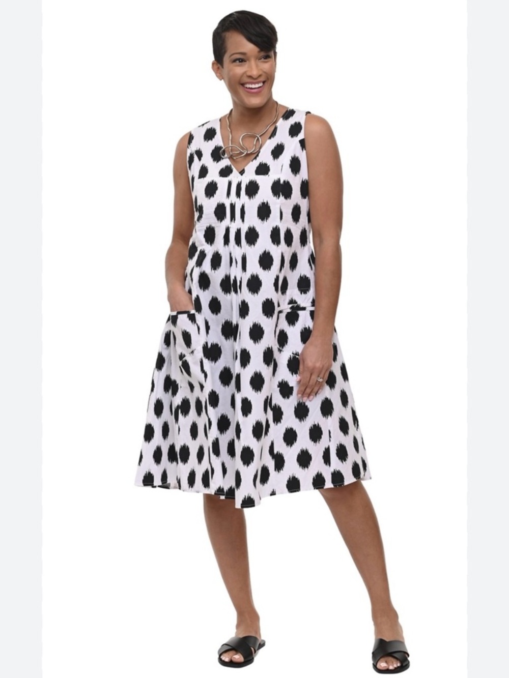 Sleeveless Black and White Polka-Dot V-Neck Swing Dress
